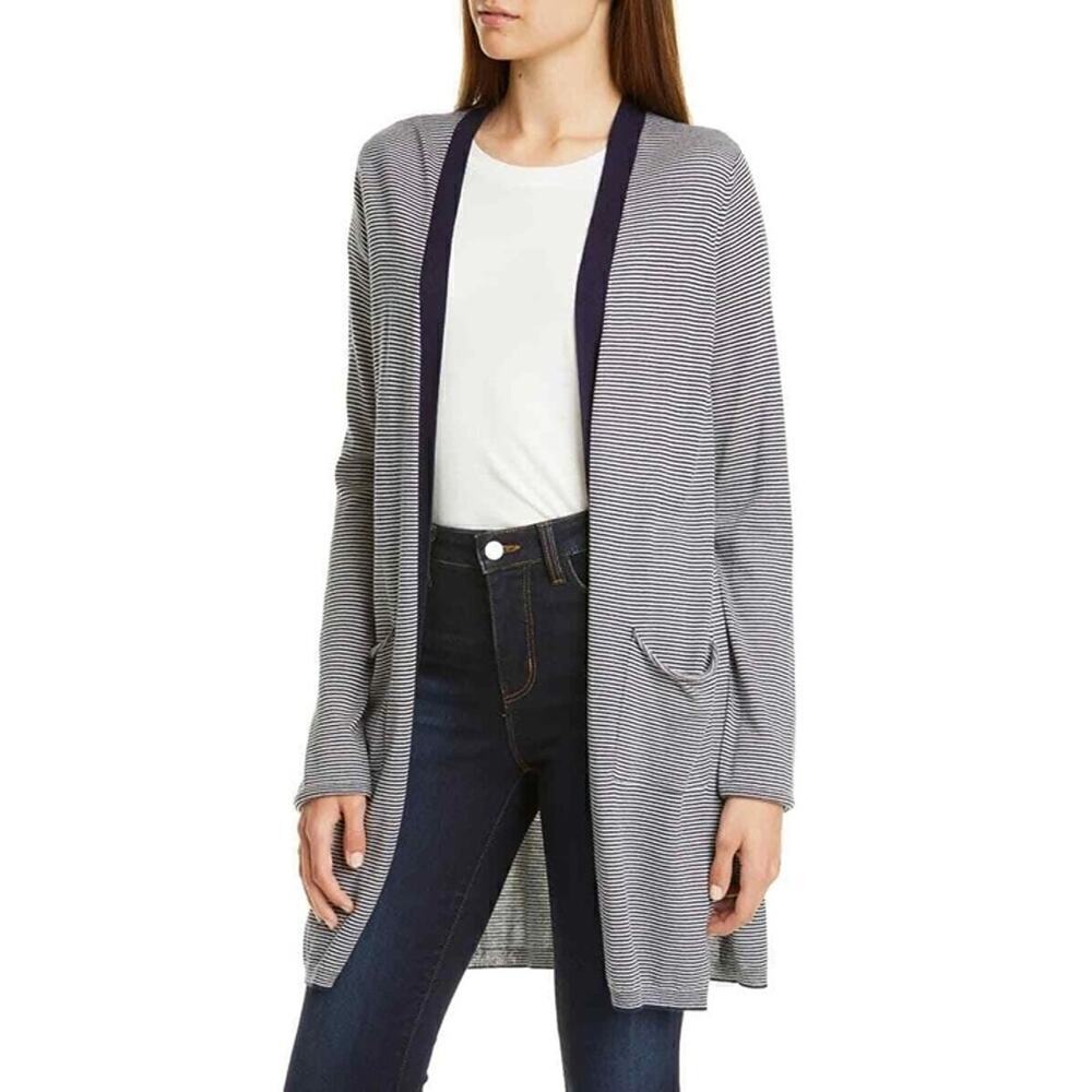 ATM Silk Wool Cashmere Navy Blue Striped Open Cardigan Lightweight Nautical XS